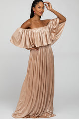 Beige Shimmer Off Shoulder Pleated Maxi Dress