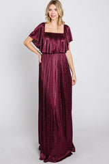 Burgundy Shimmer Off Shoulder Pleated Maxi Dress