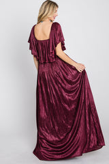 Burgundy Shimmer Off Shoulder Pleated Maxi Dress