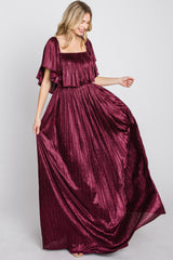 Burgundy Shimmer Off Shoulder Pleated Maxi Dress