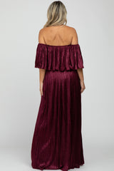 Burgundy Shimmer Off Shoulder Pleated Maternity Maxi Dress