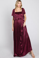 Burgundy Shimmer Off Shoulder Pleated Maxi Dress