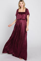 Burgundy Shimmer Off Shoulder Pleated Maxi Dress