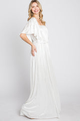 Ivory Shimmer Off Shoulder Pleated Maxi Dress