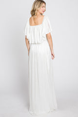 Ivory Shimmer Off Shoulder Pleated Maxi Dress