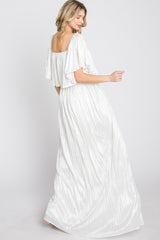 Ivory Shimmer Off Shoulder Pleated Maxi Dress