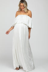 Ivory Shimmer Off Shoulder Pleated Maternity Maxi Dress