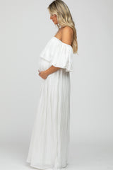 Ivory Shimmer Off Shoulder Pleated Maternity Maxi Dress