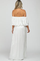 Ivory Shimmer Off Shoulder Pleated Maternity Maxi Dress