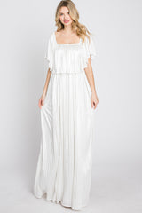 Ivory Shimmer Off Shoulder Pleated Maternity Maxi Dress