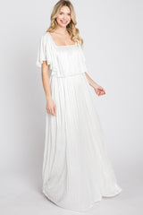 Ivory Shimmer Off Shoulder Pleated Maxi Dress