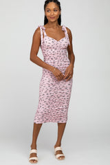 Pink Floral Ribbed Ruched Shoulder Tie Maternity Dress