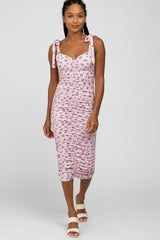 Pink Floral Ribbed Ruched Shoulder Tie Dress