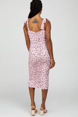 Pink Floral Ribbed Ruched Shoulder Tie Dress