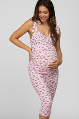 Pink Floral Ribbed Ruched Shoulder Tie Maternity Dress