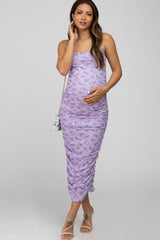 Lavender Mesh Ruched Maternity Fitted Dress