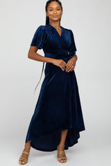 Navy Pleated Velvet Wrap Maxi Dress