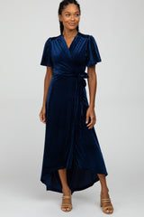 Navy Pleated Velvet Wrap Maxi Dress