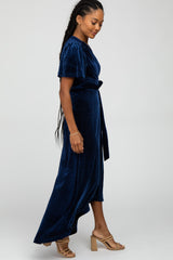 Navy Pleated Velvet Wrap Maxi Dress