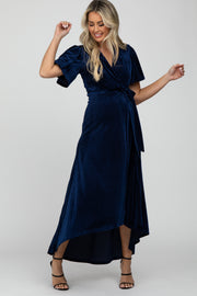 Navy Pleated Velvet Wrap Maternity Maxi Dress