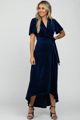 Navy Pleated Velvet Wrap Maternity Maxi Dress