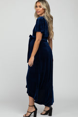 Navy Pleated Velvet Wrap Maternity Maxi Dress