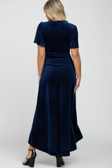 Navy Pleated Velvet Wrap Maternity Maxi Dress