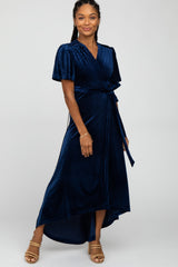 Navy Pleated Velvet Wrap Maternity Maxi Dress