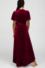 Burgundy Pleated Velvet Wrap Maxi Dress