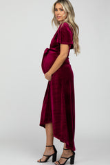 Burgundy Pleated Velvet Wrap Maternity Maxi Dress