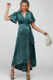 Green Pleated Velvet Wrap Maternity Maxi Dress