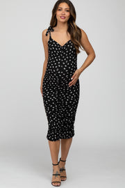 Black Floral Ribbed Ruched Shoulder Tie Maternity Dress