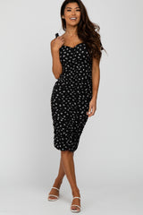 Black Floral Ribbed Ruched Shoulder Tie Maternity Dress