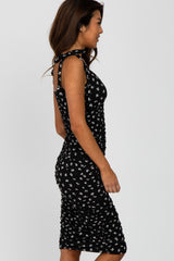 Black Floral Ribbed Ruched Shoulder Tie Dress