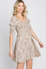 Beige Floral Smocked Square Neck Puff Sleeve Dress