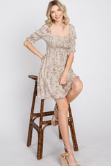 Beige Floral Smocked Square Neck Puff Sleeve Dress