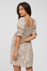 Beige Floral Smocked Square Neck Puff Sleeve Maternity Dress