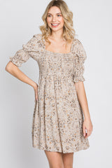 Beige Floral Smocked Square Neck Puff Sleeve Dress