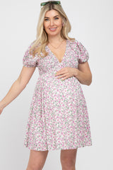 Pink Floral Smocked V-Neck Maternity Dress