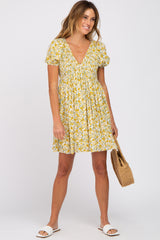 Yellow Floral Smocked V-Neck Maternity Dress