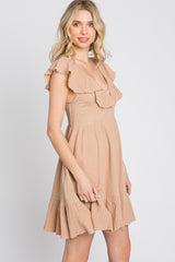 Camel Ruffle Back Tie Mini Dress