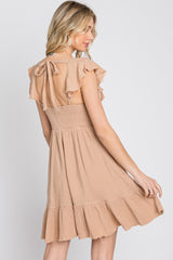 Camel Ruffle Back Tie Mini Dress