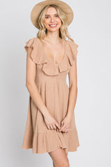 Camel Ruffle Back Tie Mini Dress