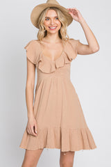 Camel Ruffle Back Tie Mini Dress