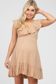 Camel Ruffle Back Tie Maternity Mini Dress