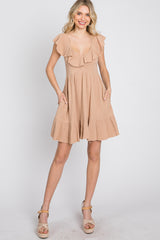 Camel Ruffle Back Tie Mini Dress