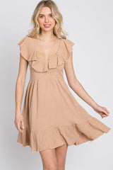 Camel Ruffle Back Tie Mini Dress