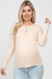 Beige Henley Long Sleeve Maternity Top