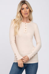 Beige Henley Long Sleeve Top