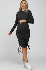 Charcoal Ruched Drawstring Hooded Maternity Dress